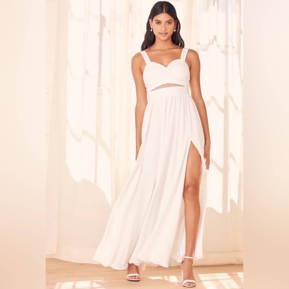Lulu’s White Chifon Maxi Dress with High Slit